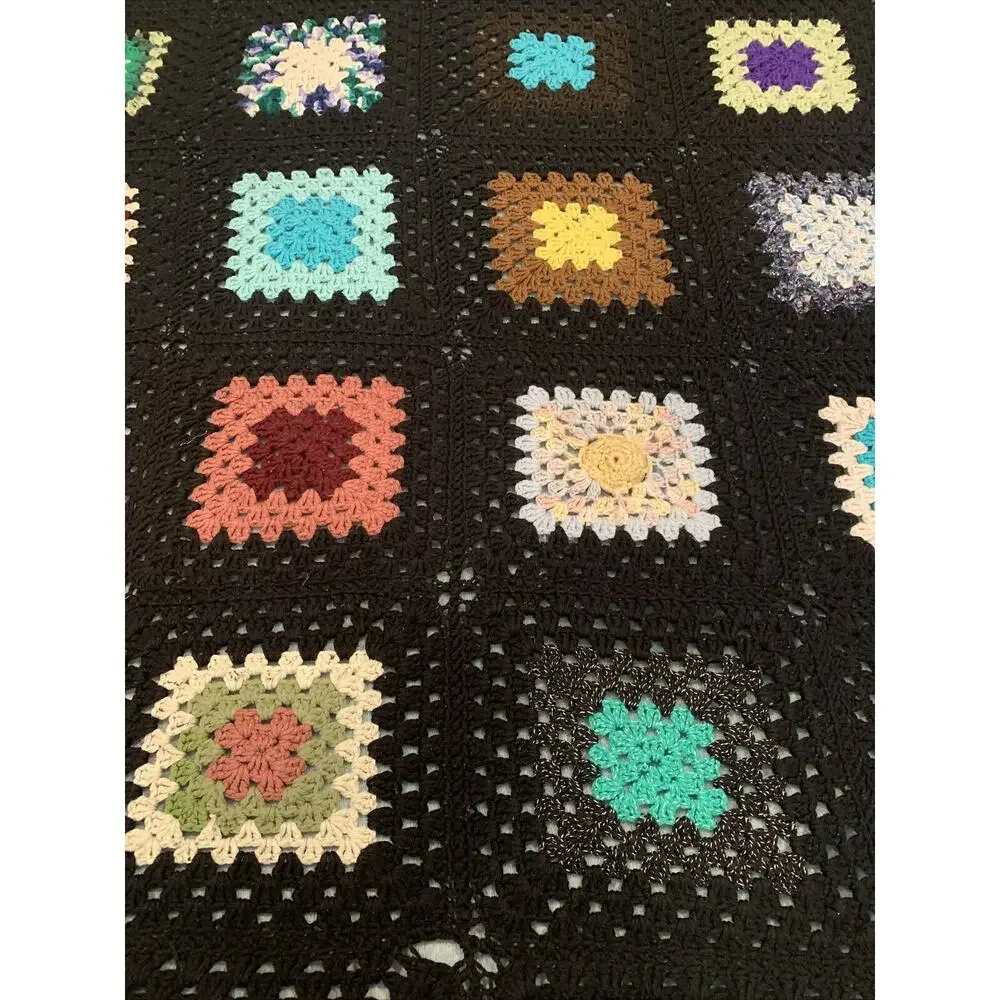 VTG Granny Square Black Afghan Crochet Throw Blanket Roseanne 62x68 SOME PILLING
